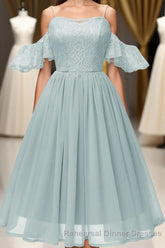 Off the Shoulder Lace Over Chiffon Sage Green Party Dress